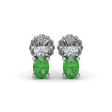 18K White Gold Oval Emerald and Diamond Stud Earrings