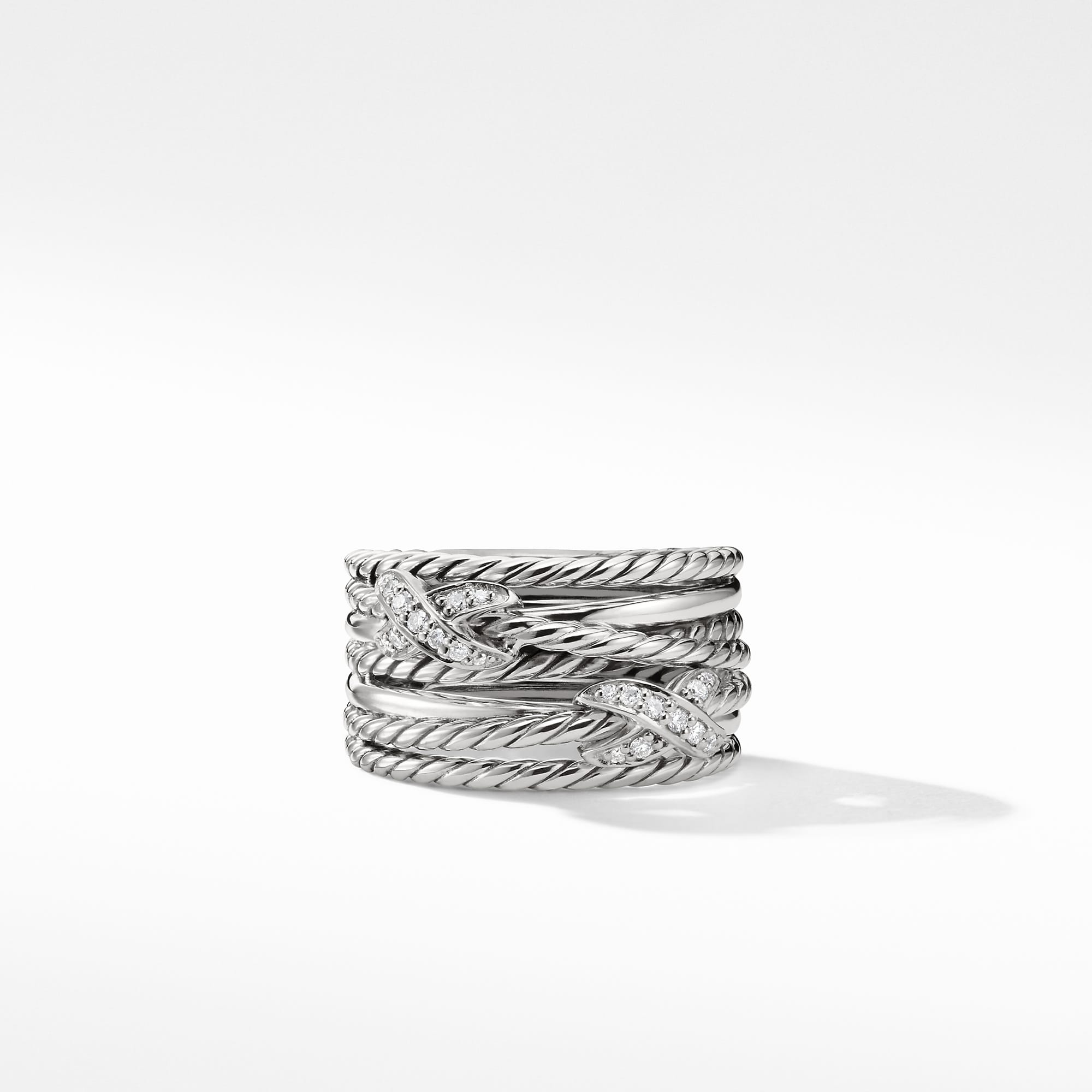 Double X Crossover Ring in Sterling Silver with Diamonds, 13mm