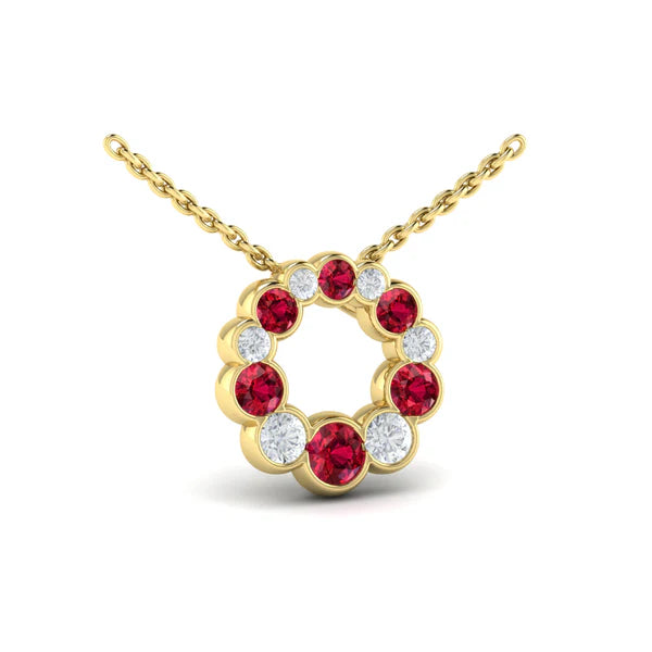 Diamond and Ruby Circle Bezel Pendant Necklace in 18K Yellow Gold