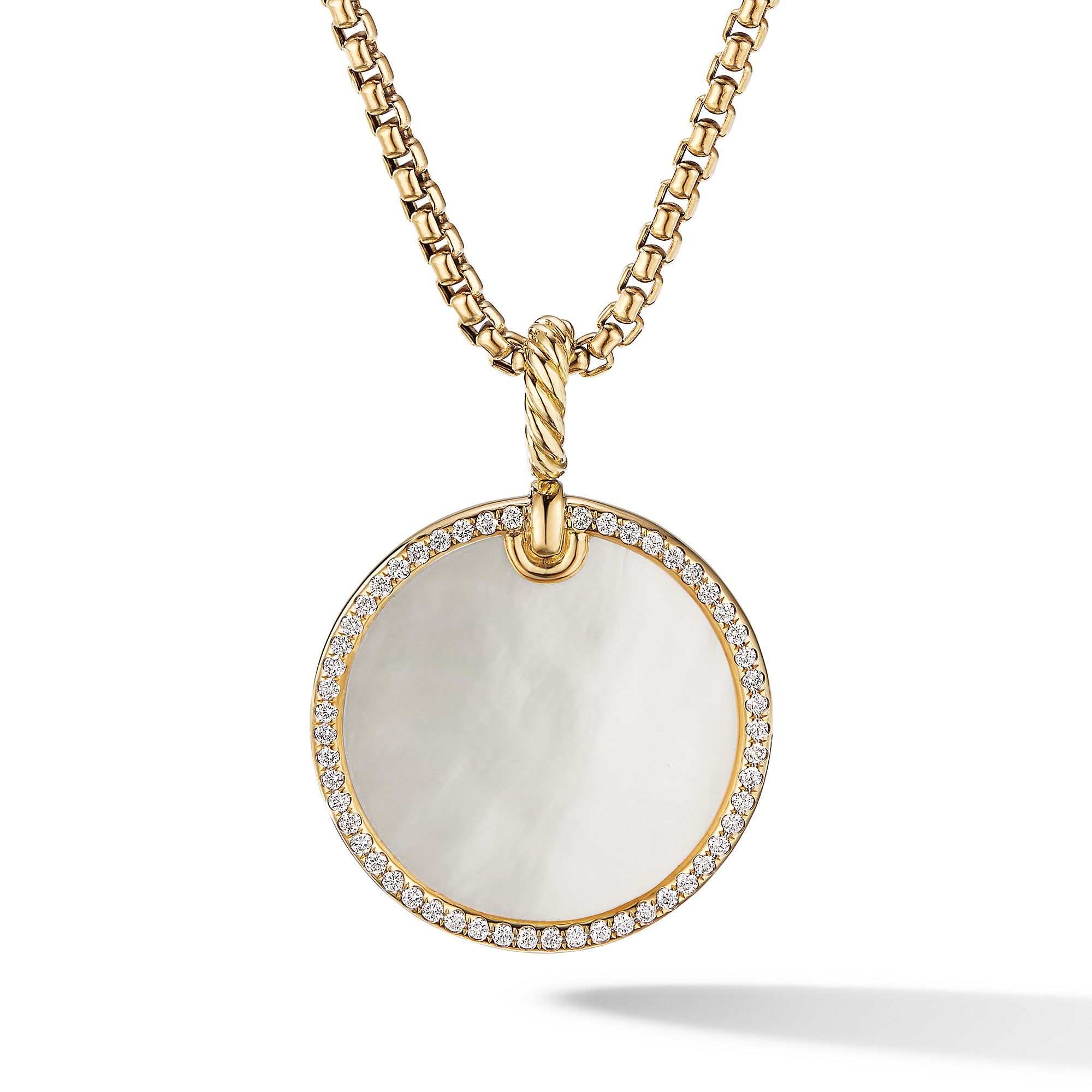 DY Elements® Disc Pendant in 18K Yellow Gold with Mother of Pearl and Diamond Rim, 24mm