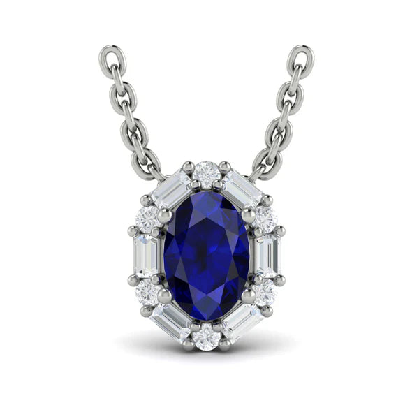 Adella Oval Sapphire and Diamond Baguette Pendant Necklace in 18K White Gold
