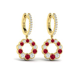 Diamond and Ruby Circle Drop Earrings in 18K Yellow Gold