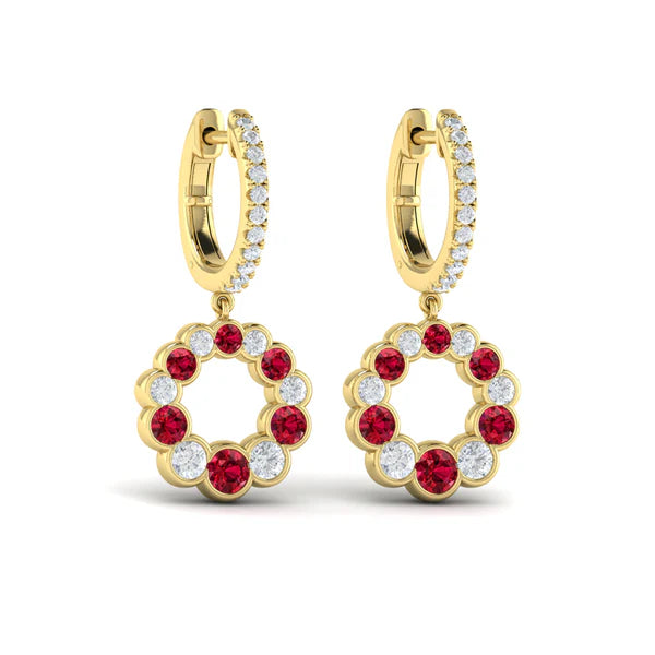 Diamond and Ruby Circle Drop Earrings in 18K Yellow Gold
