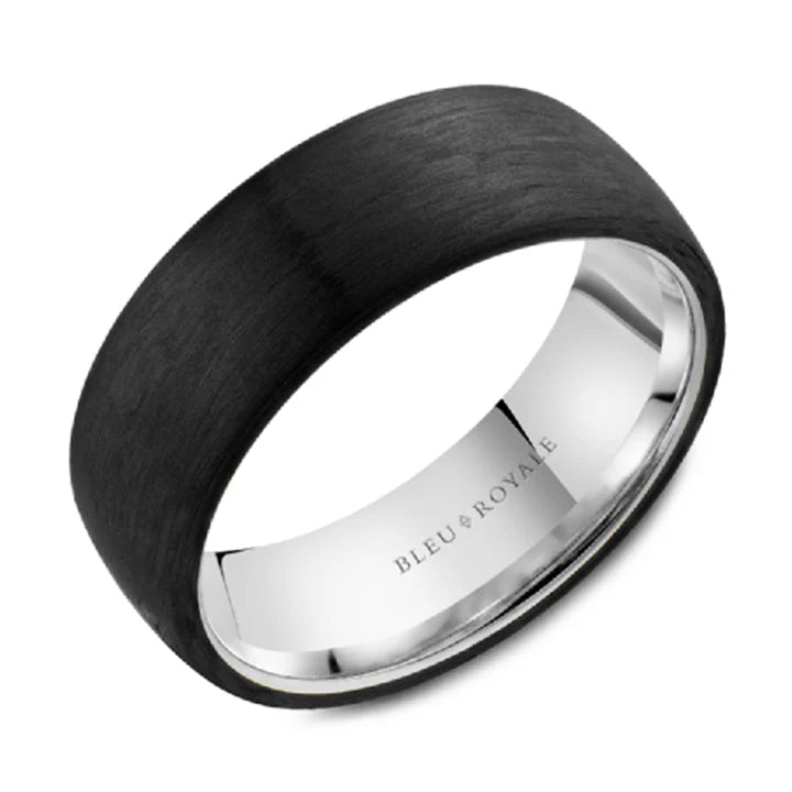 Bleu Royale 7.5mm Men’s Wedding Band in 14K White Gold and Black Forged Carbon Fiber