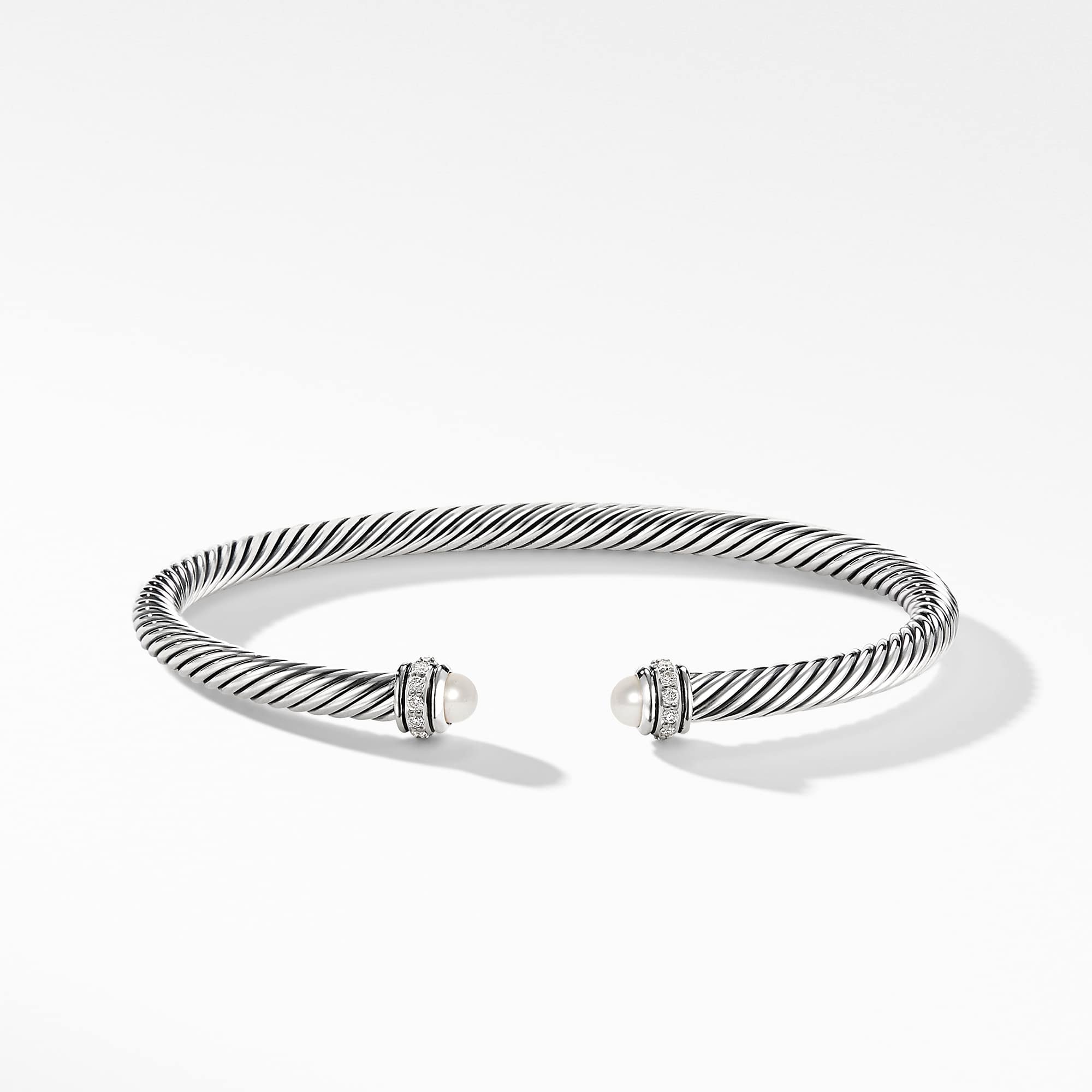 Classic Cable Bracelet in Sterling Silver with Pearls and Diamonds, 4mm