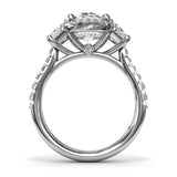 18K White Gold Halo Diamond Semi-Mount Engagement Ring with Trapezoid Side Stones