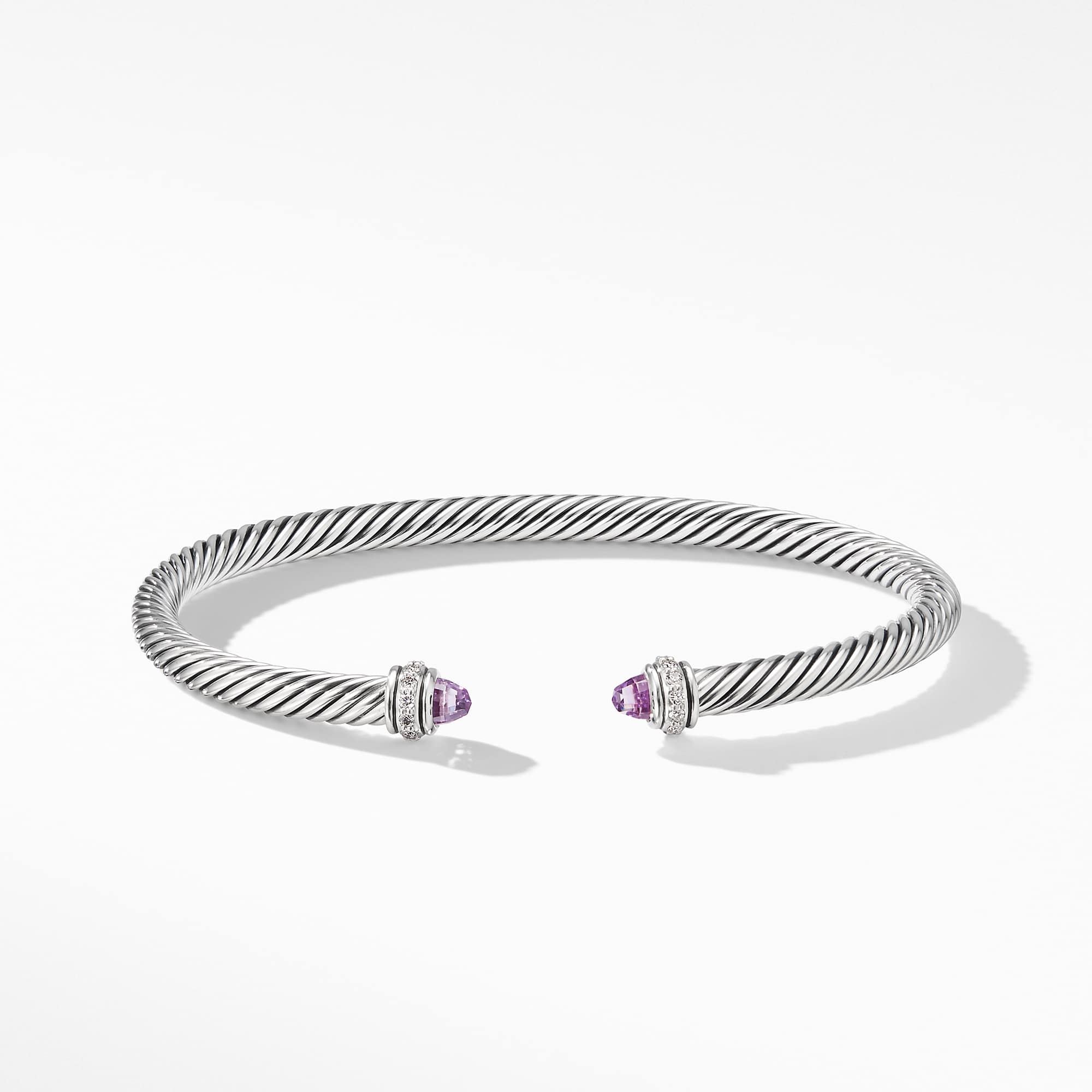 Classic Cable Bracelet in Sterling Silver with Amethyst and Diamonds, 4mm