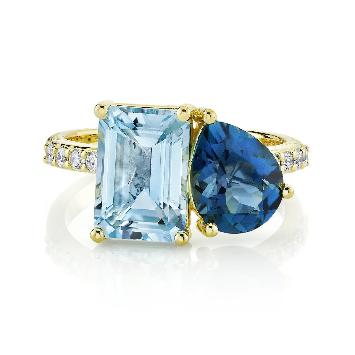 Toi et Moi Pear and Emerald Cut Blue Topaz Ring with Diamond Shank in 18K Yellow Gold