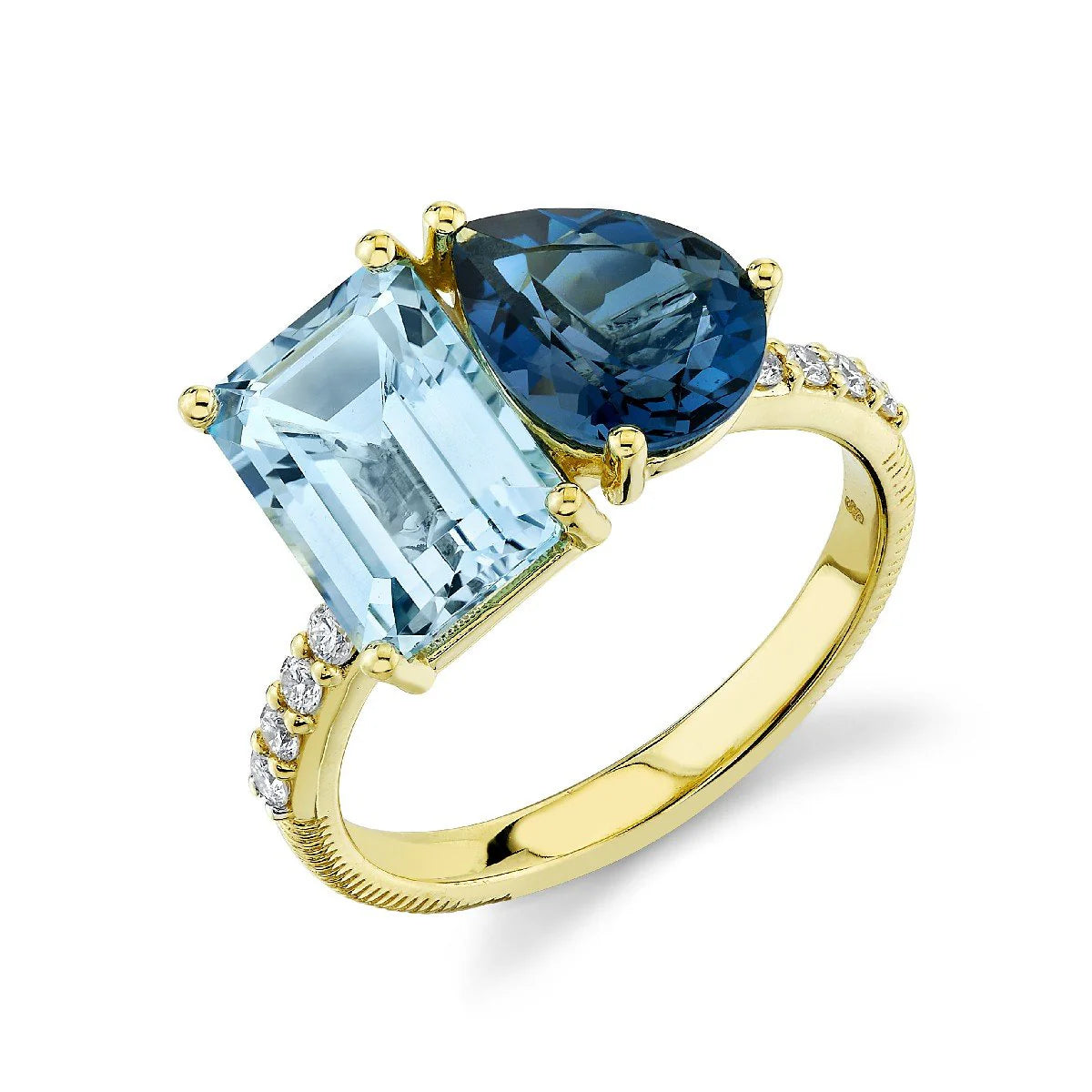 Toi et Moi Pear and Emerald Cut Blue Topaz Ring with Diamond Shank in 18K Yellow Gold