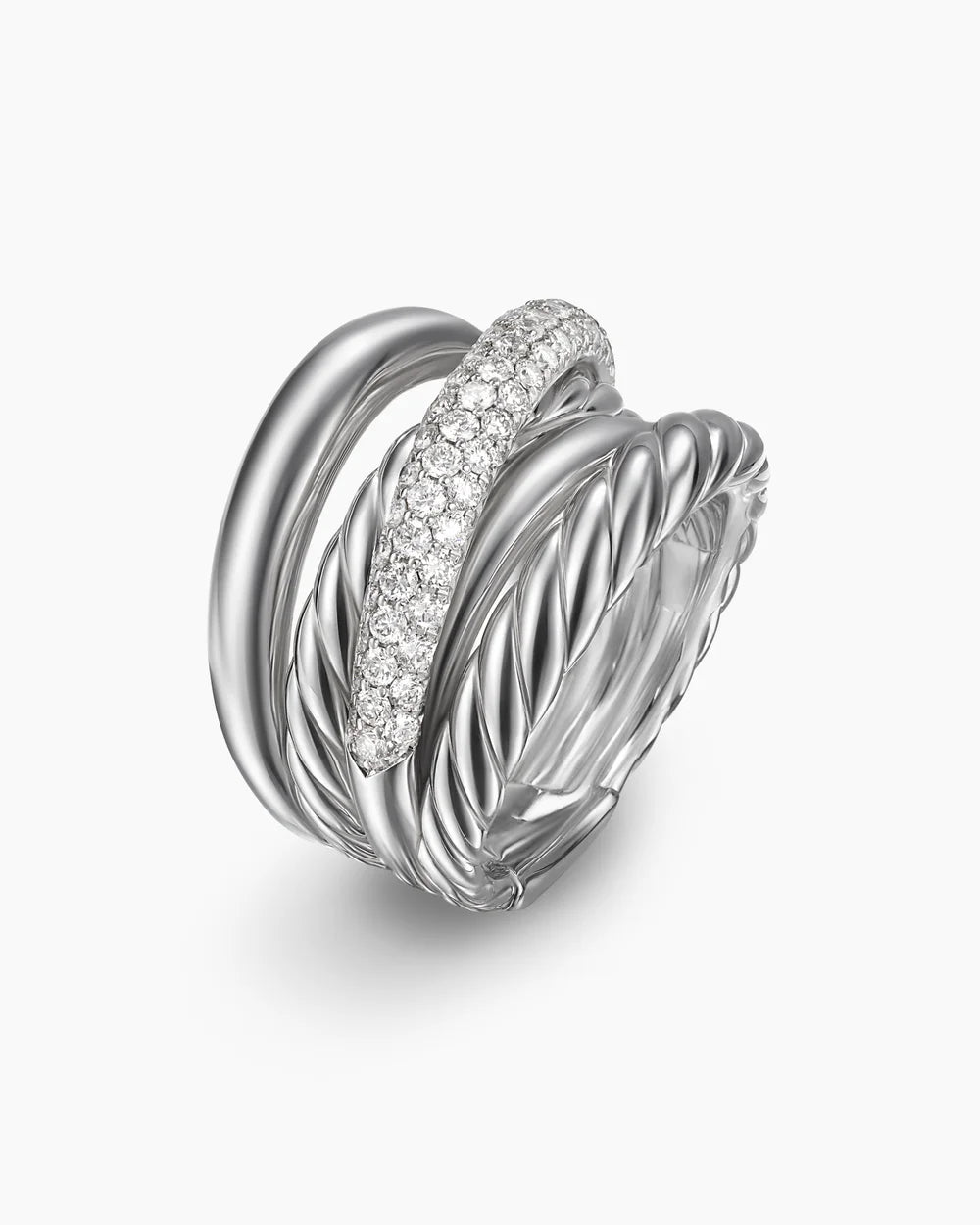 CROSSOVER FIVE ROW RING Sterling Silver with Diamonds, 17.5mm