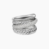 CROSSOVER FIVE ROW RING Sterling Silver with Diamonds, 17.5mm