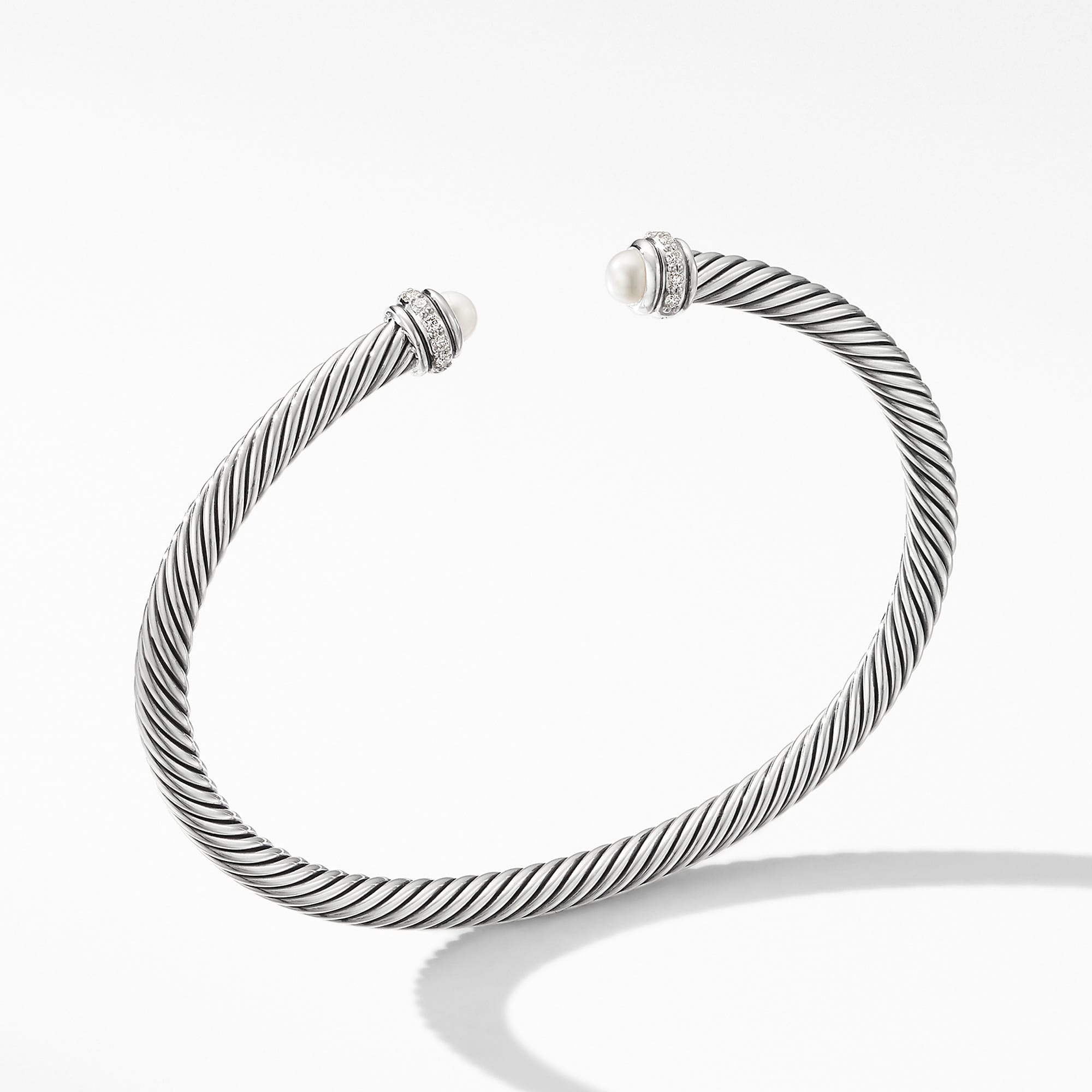 Classic Cable Bracelet in Sterling Silver with Pearls and Diamonds, 4mm
