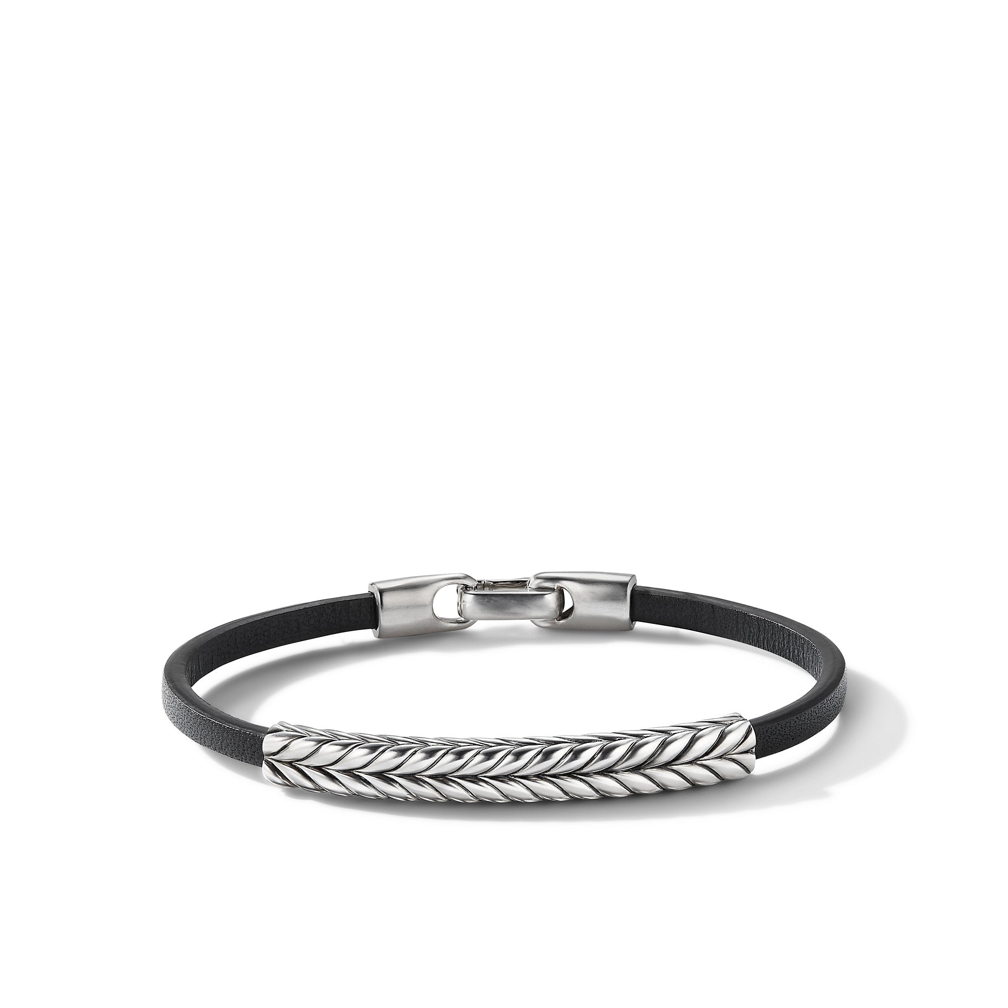 Chevron ID Bracelet  in Black Leather with Sterling Silver, 6.6mm