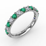 18K White Gold Emerald and Diamond Shared-Prong Anniversary Band