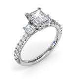 18K White Gold Enchanted Three Stone Emerald Diamond Semi-Mount Engagement Ring