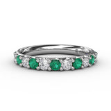 18K White Gold Emerald and Diamond Shared-Prong Anniversary Band