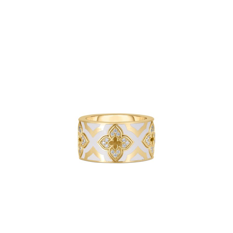 18K Yellow Gold Venetian Princess Diamond and White Enamel Flower Ring