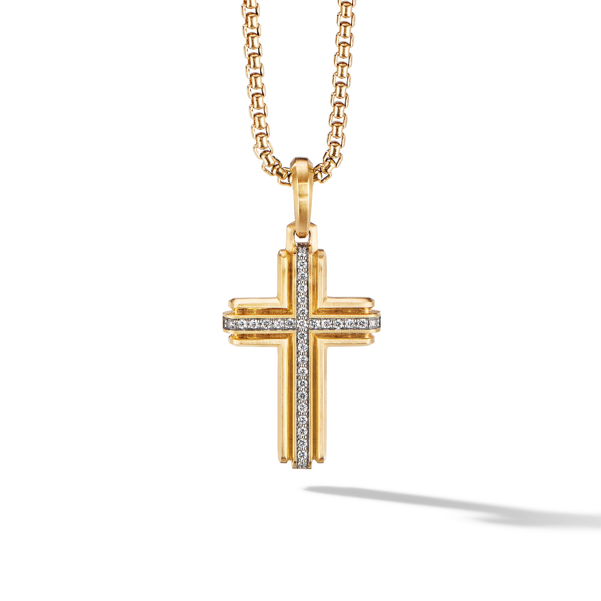 Deco Cross Pendant in 18K Yellow Gold with Diamonds, 34mm