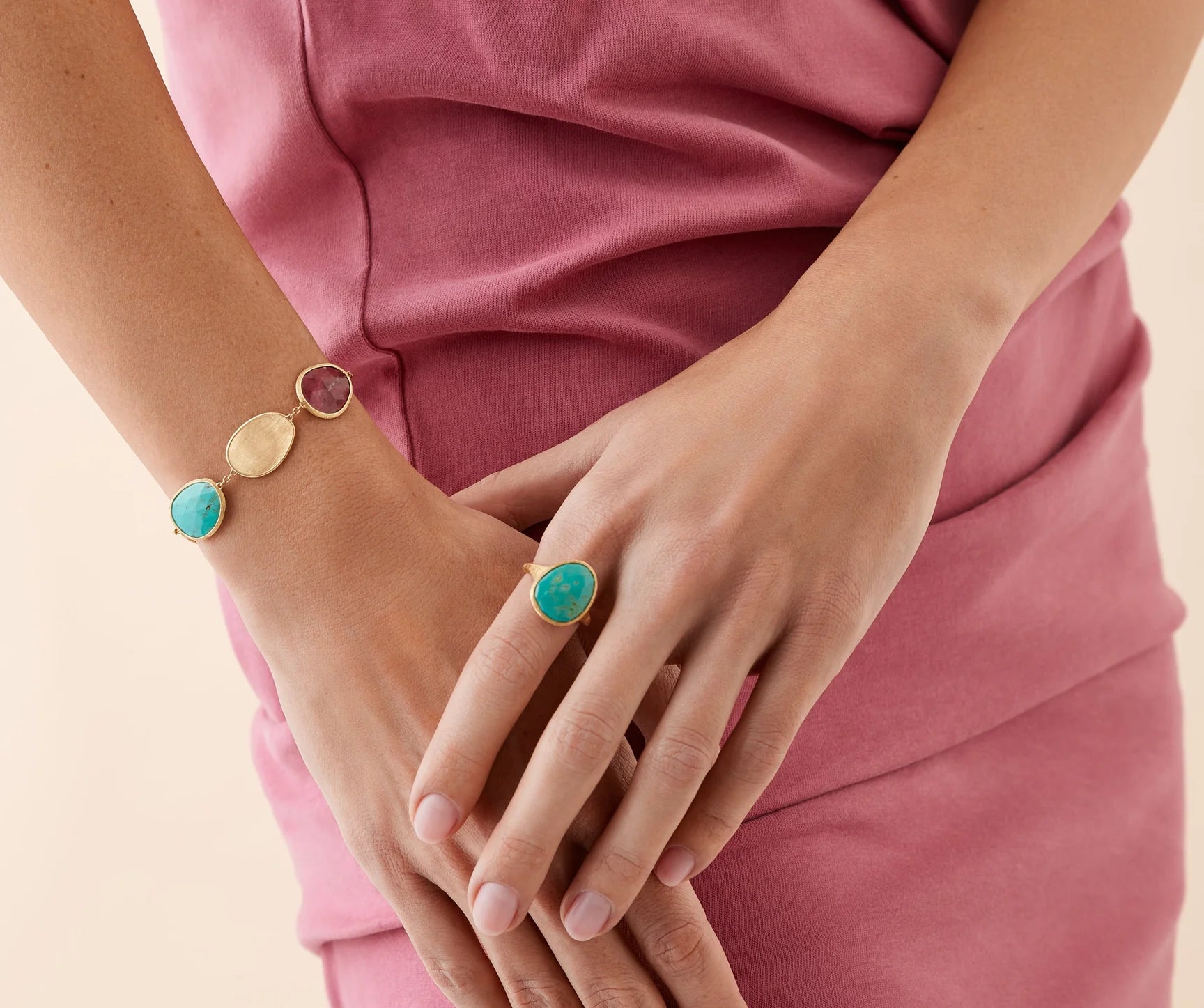 18K Yellow Gold Lunaria Bracelet with Thulite, Turquoise and Charoite