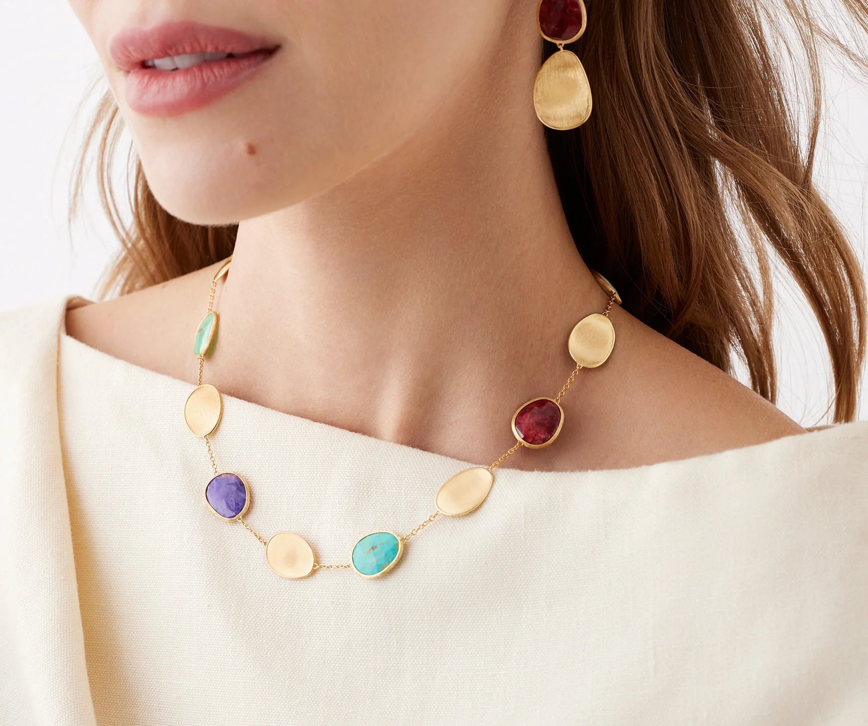 18K Yellow Gold Lunaria Collar Necklace with Mixed Gemstones