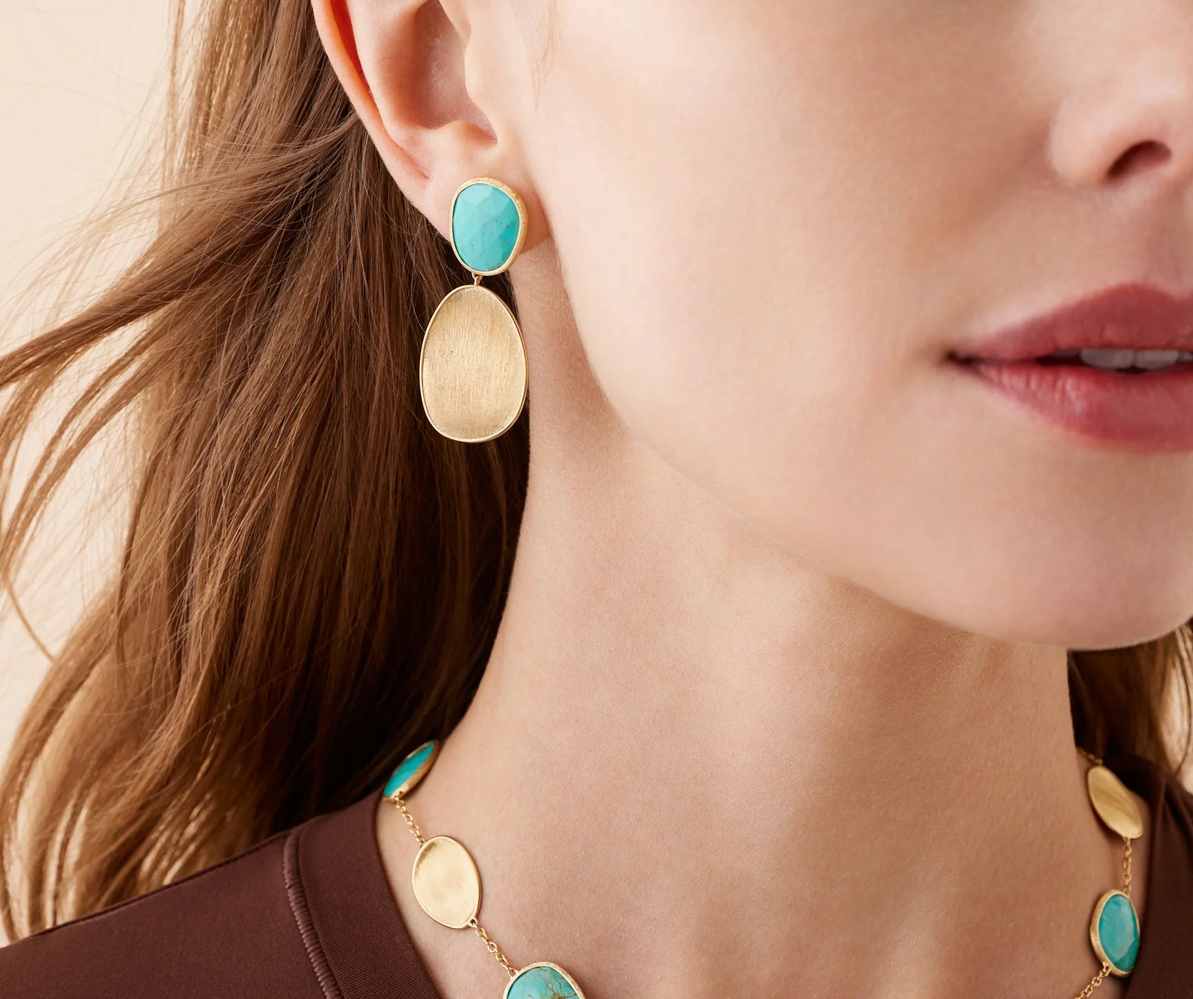 18K Yellow Gold Lunaria Double Drop Turquoise Earrings