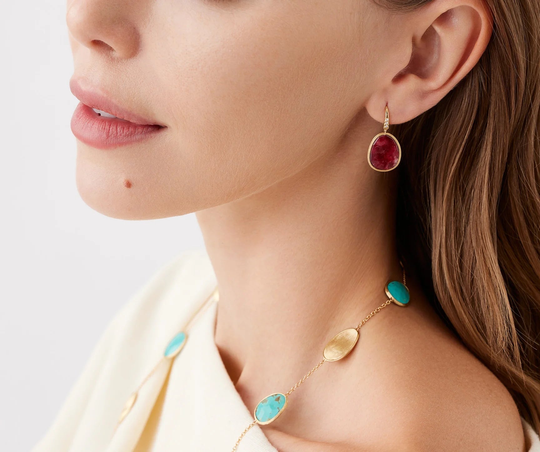18K Yellow Gold Lunaria Drop Earrings with Thulite and Diamond Accent