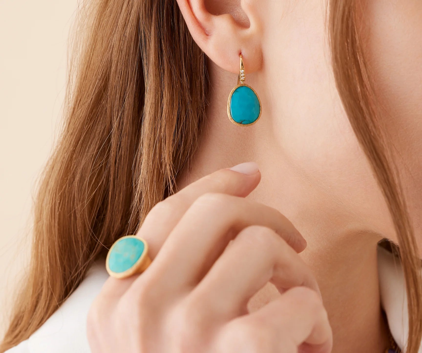 18K Yellow Gold Lunaria Drop Earrings with Turquoise and Diamond Accent