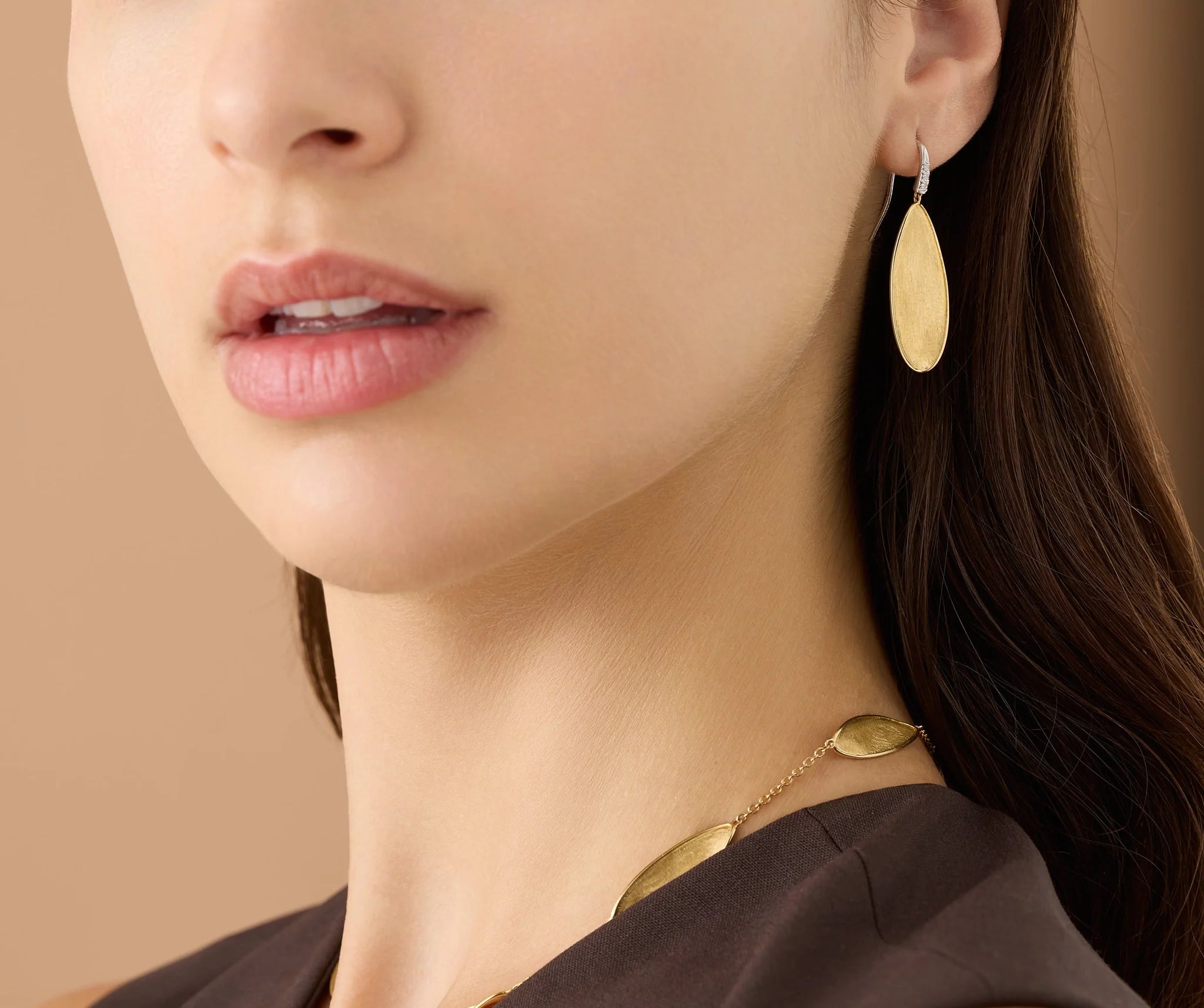 18K Yellow Gold Petal Drop Earrings With Diamond Hook