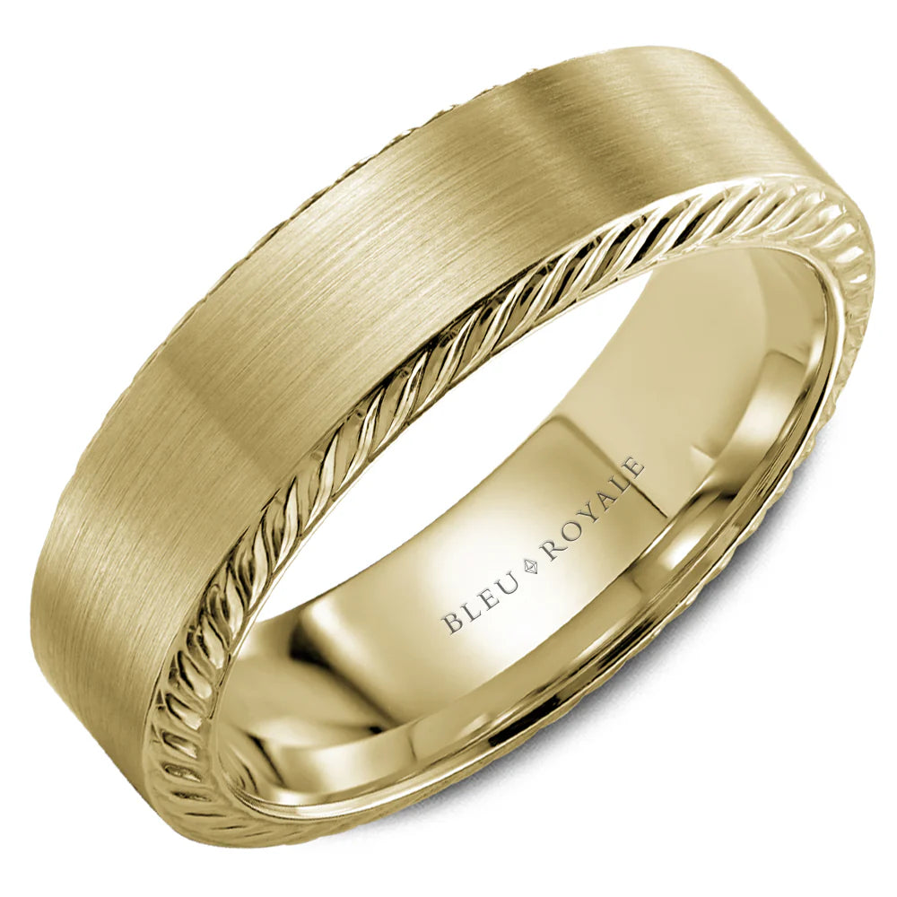 CrownRing Men’s 6.5mm Carved Wedding Band in 14K Yellow Gold – Bleu Royale Collection