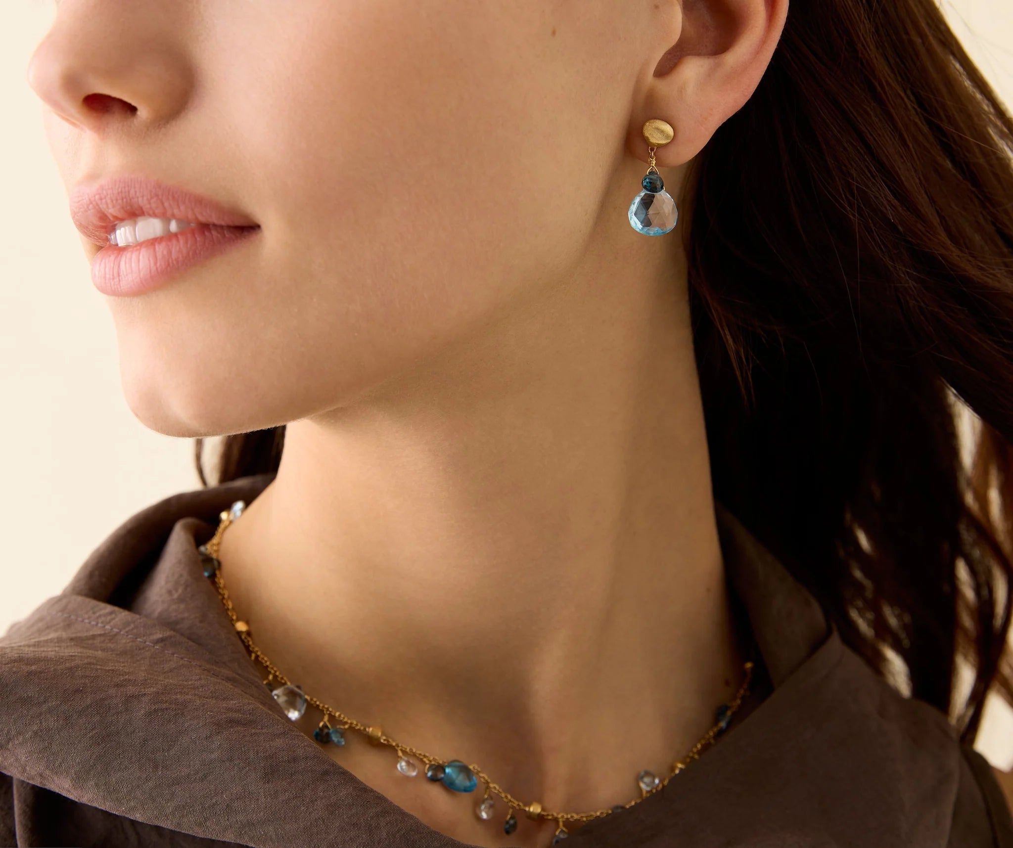 18K Yellow Gold Blue Topaz Earrings, 1"