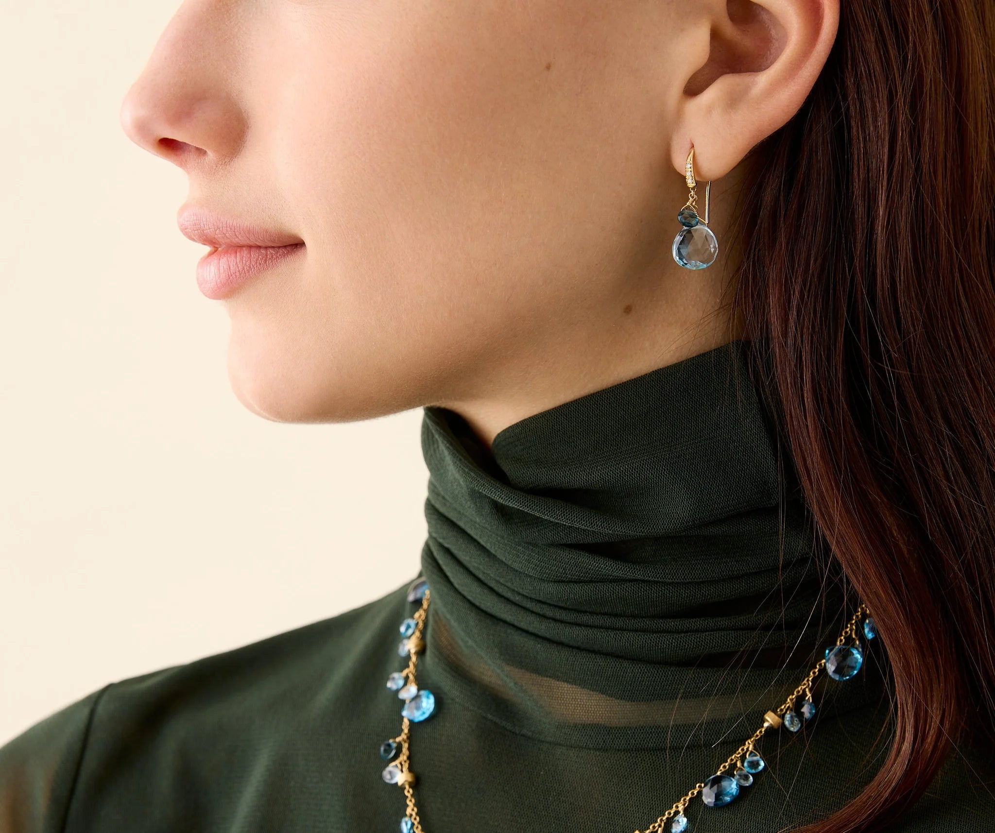 18K Yellow Gold Blue Topaz Earrings with Diamonds, 1.1"