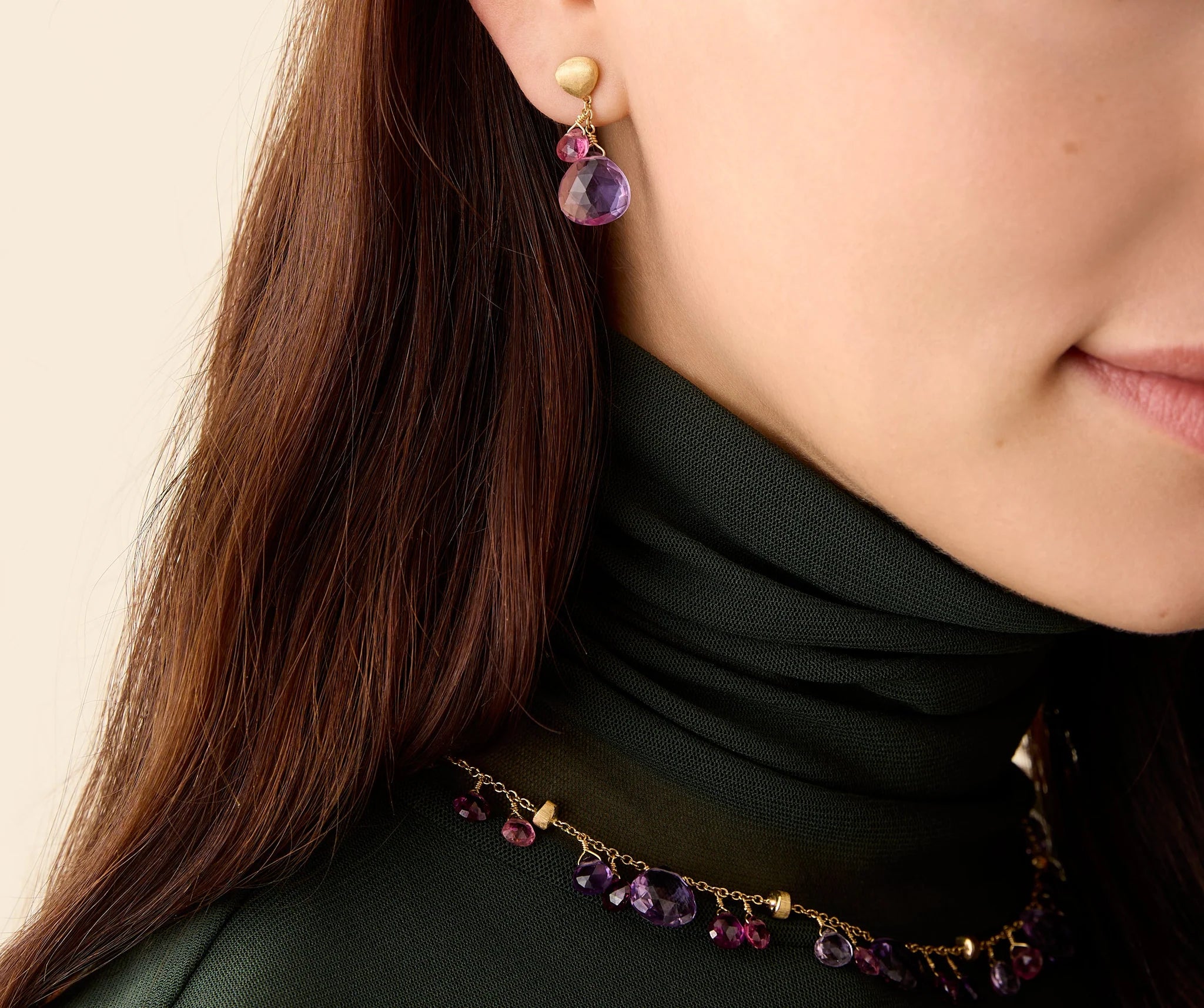 18K Yellow Gold Amethyst and Pink Tourmaline Earrings, 1"
