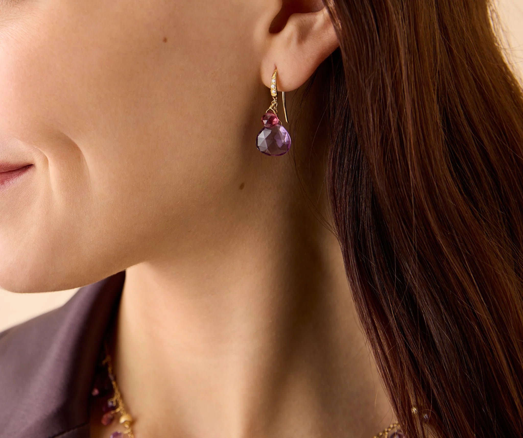 18K Yellow Gold Amethyst and Pink Tourmaline Earrings with Diamonds, 1.1"