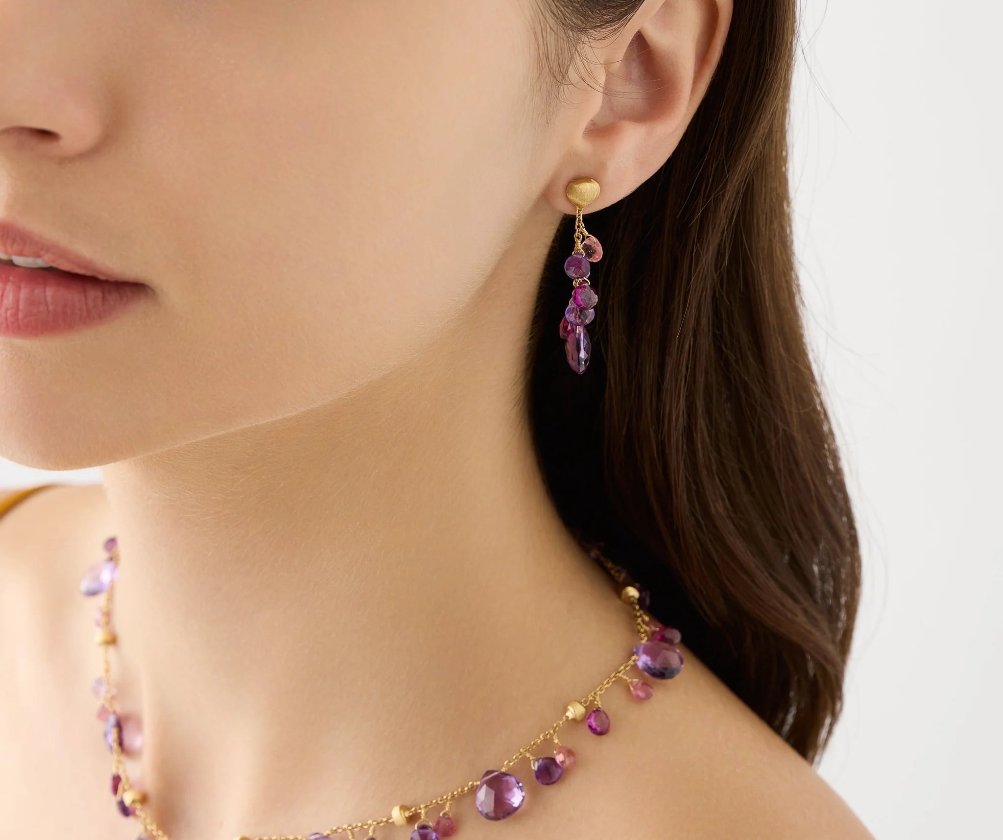 18K Yellow Gold Amethyst and Pink Tourmaline Earrings, 1.7"
