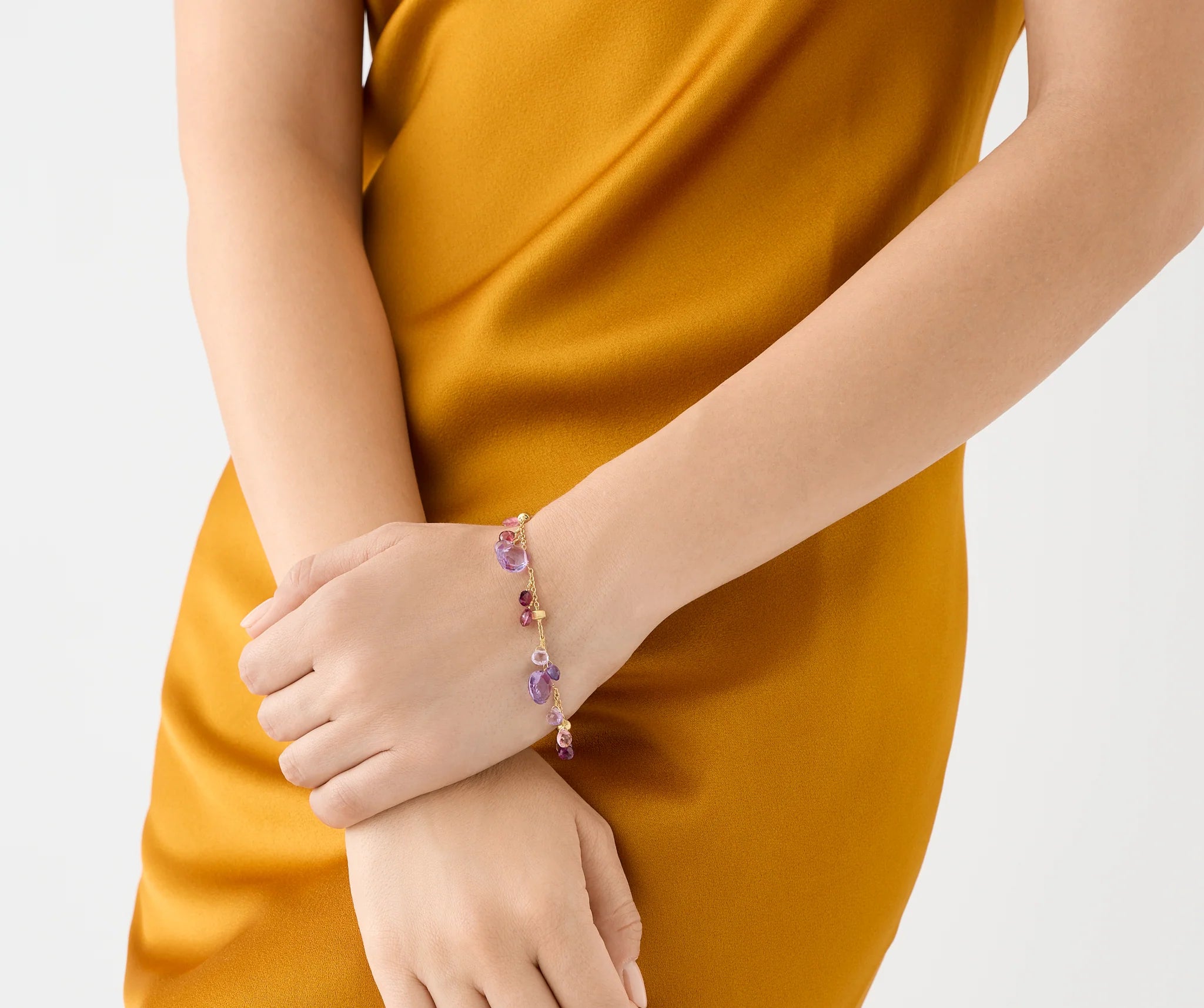 18K Yellow Gold Amethyst and Pink Tourmaline Bracelet, 7.25"