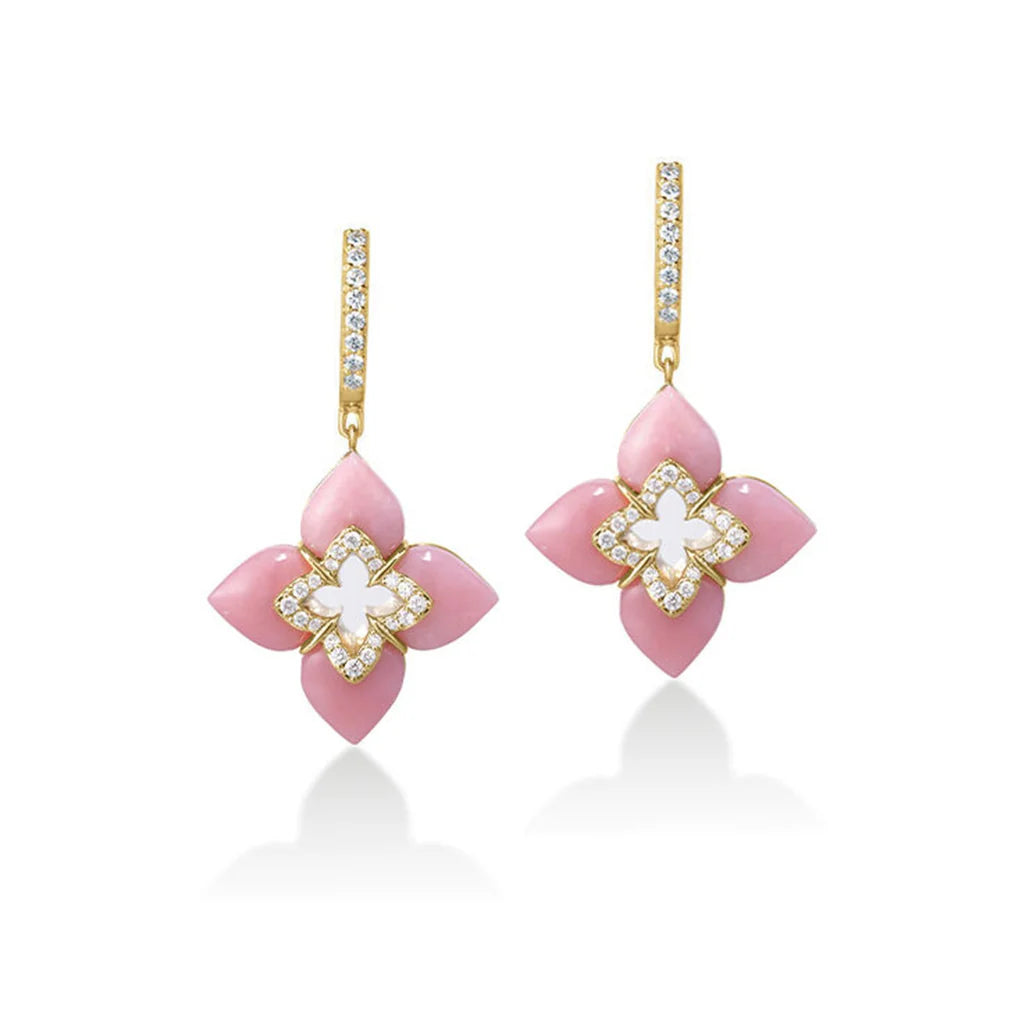 18K Yellow Gold Venetian Princess Pink Opal and Diamond Dangle Earrings