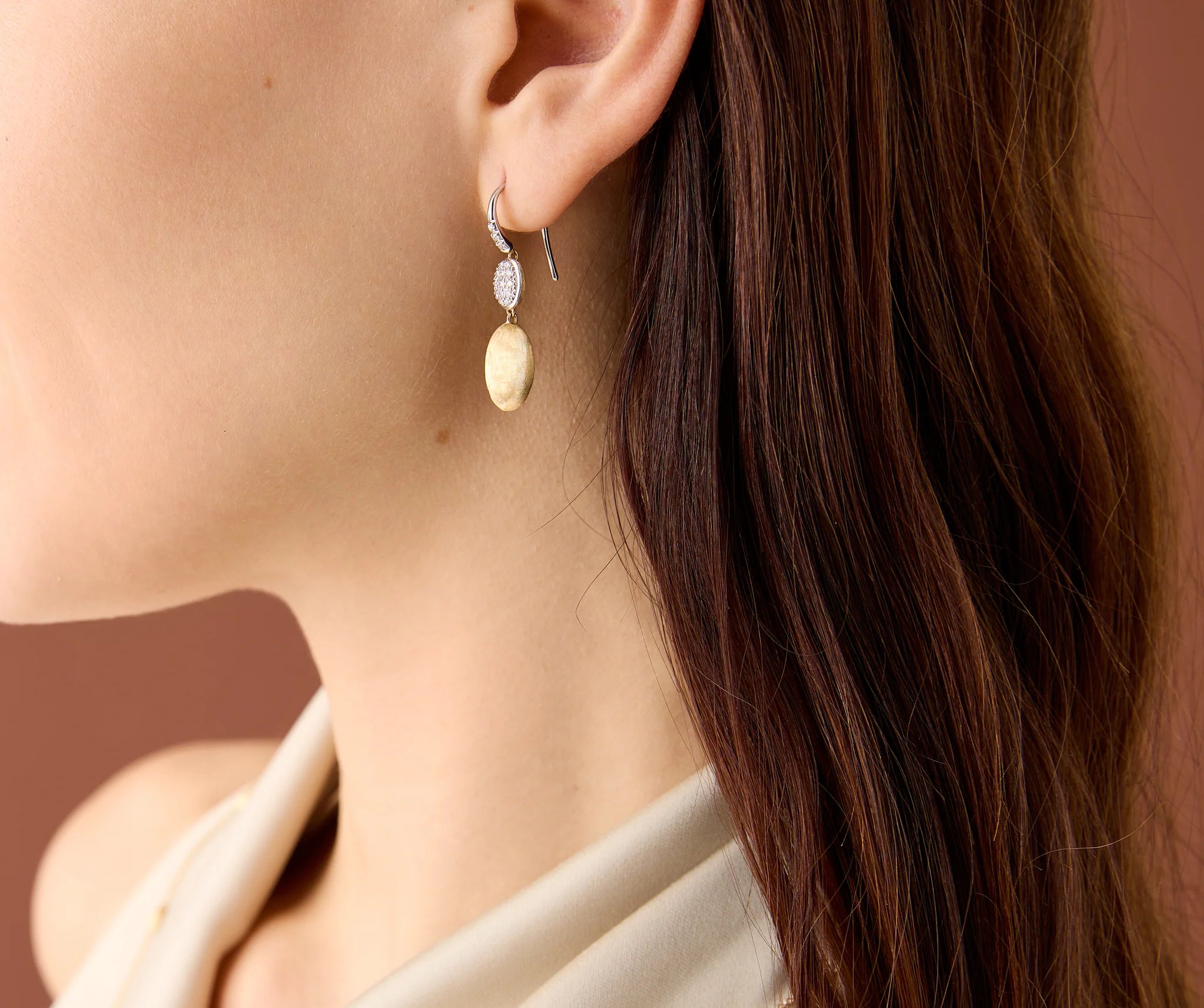 18K Yellow Gold Bean Earrings with Diamonds, 1.3"