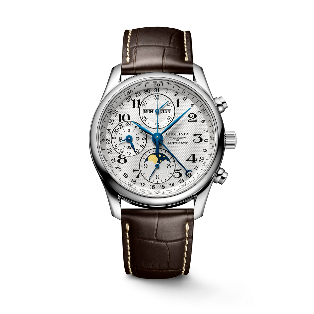 Luxury watch with brown leather strap and silver case on white background