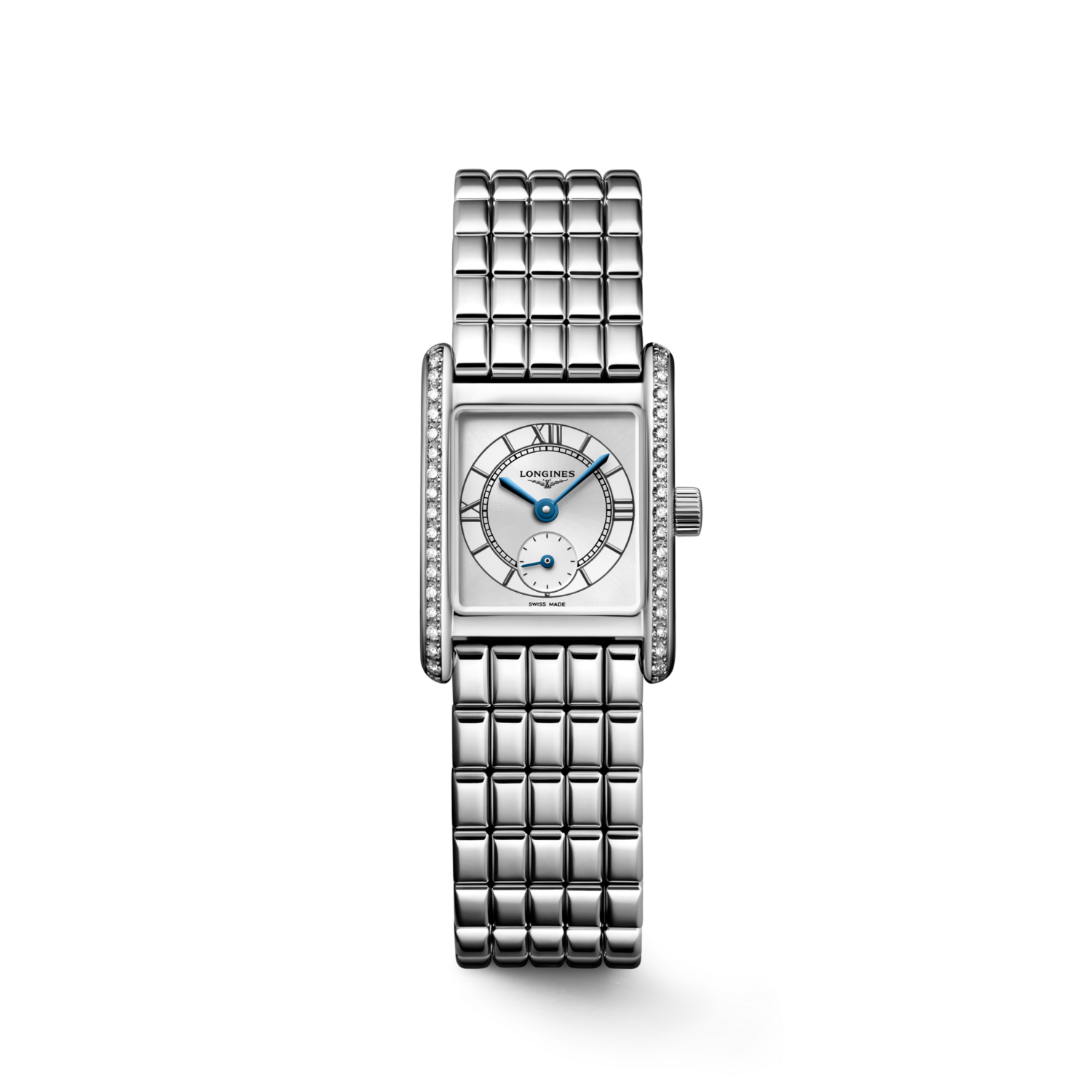 Silver watch with a grid-like bracelet on a white background