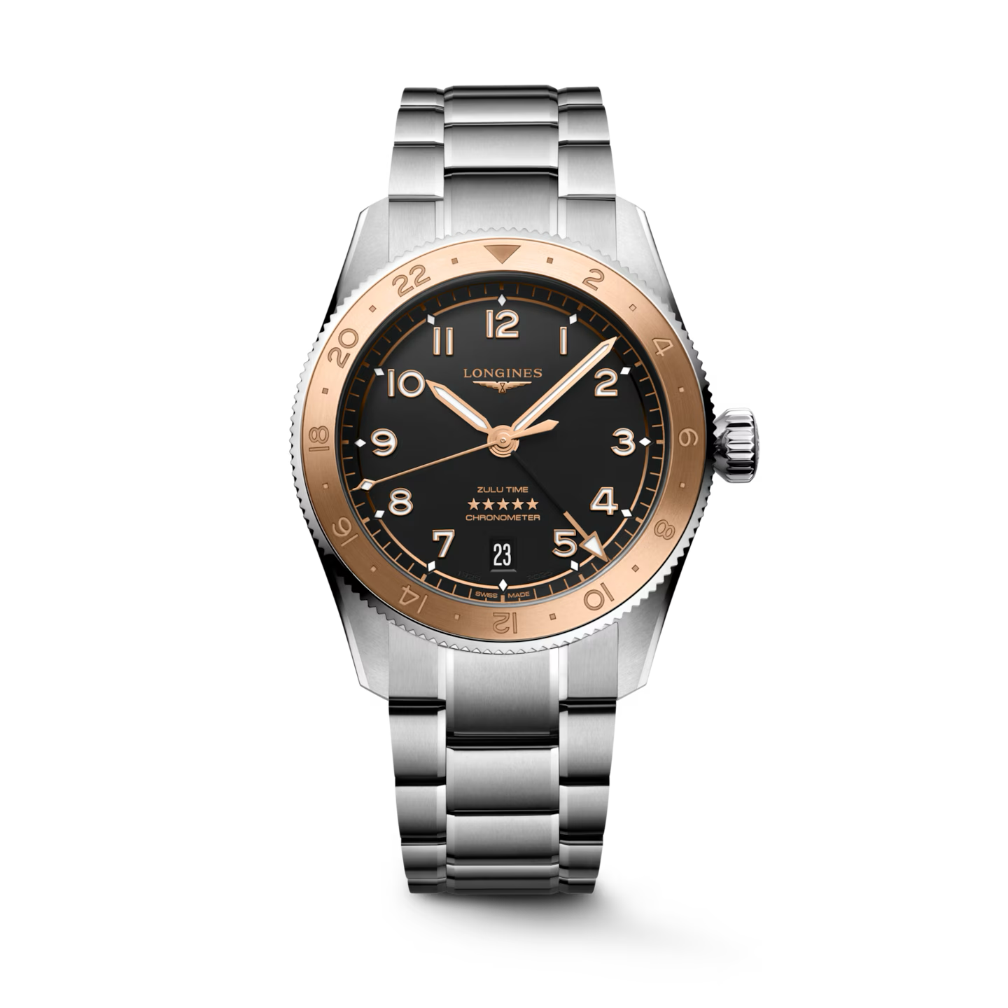 LONGINES SPIRIT ZULU TIME 1925- L3.803.5.53.6 Automatic watch, Ø 39.00 mm, stainless steel and rose gold 18 carats cap 200
