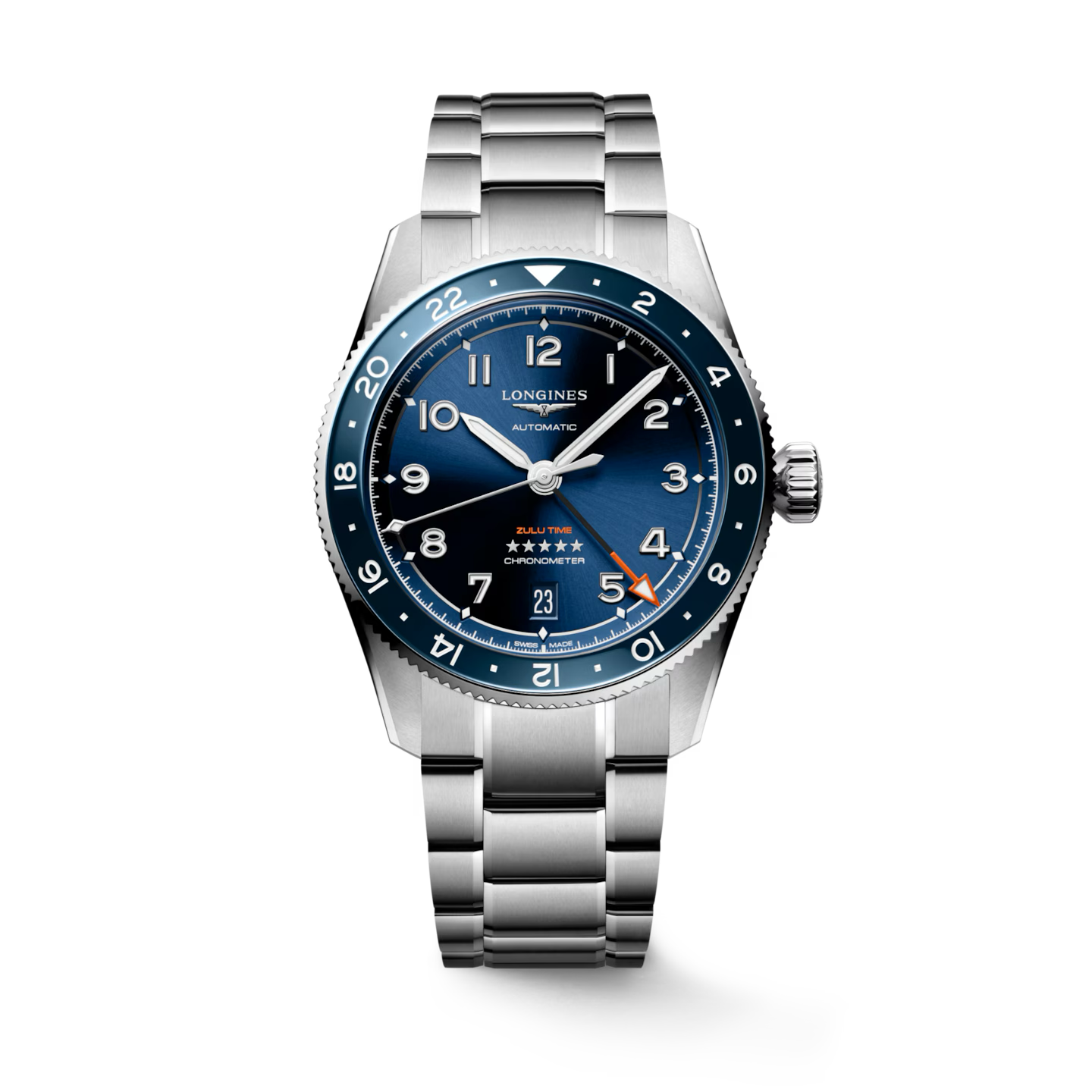 LONGINES SPIRIT ZULU TIME- L3.802.4.93.6 Automatic watch, Ø 39.00 mm, stainless steel and ceramic bezel